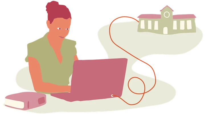 Illustrationen visar en kvinna som sitter vid en bärbar dator. Från datorn går en sladd till en större byggnad.