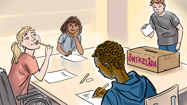 Flera barn runt ett bord med en låda som det står önskelåda på.