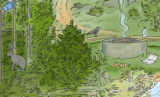 Illustrationen visar en grillplats i skogen, där det ligger skräp runt grillplatsen.
