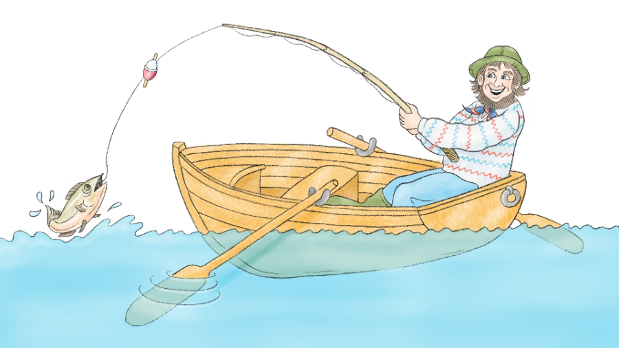 Illustration av en fiskare som sitter i en eka och drar upp en fisk med sitt fiskespö.
