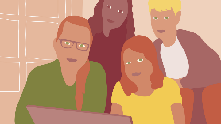 Illustration av fyra personer vid en bärbar dator.