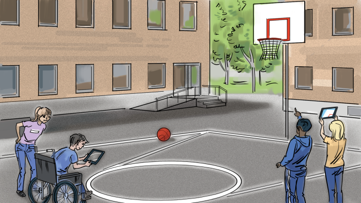 Illustrerad bild av barn på en skolgård som pekar på en basketkorg