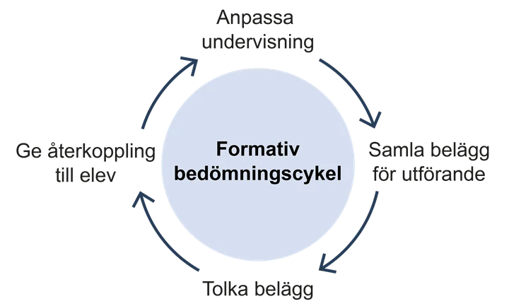 Bilden visar en modell för formativ bedömningscykel i fyra återkommande steg: Anpassa undervisning, Samla belägg för utförande, Tolka belägg och Ge återkoppling till elev.