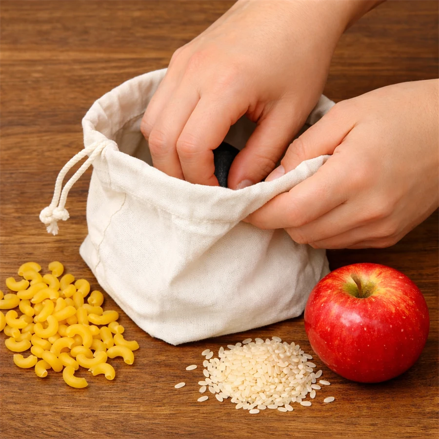 Bild på en liten tygpåse. Utanför ligger det ett äpple, riskorn samt makaroner