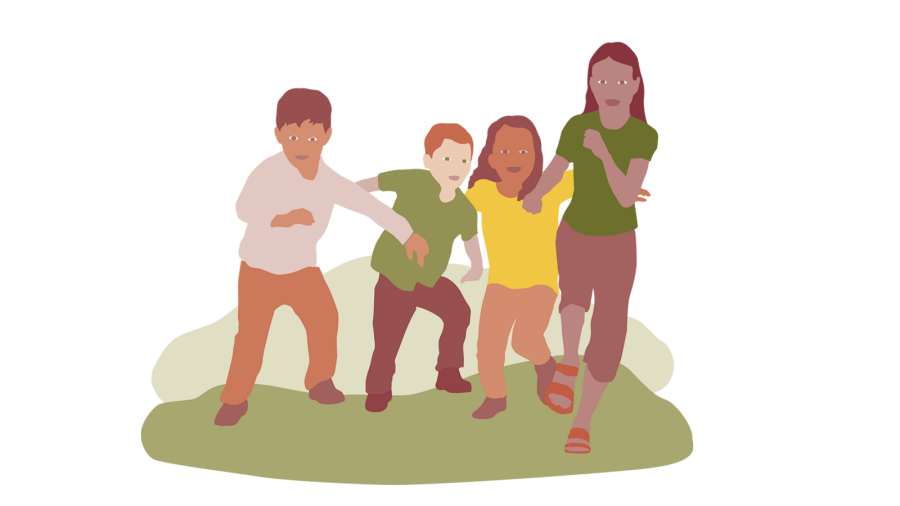 Illustration av fyra barn som springer