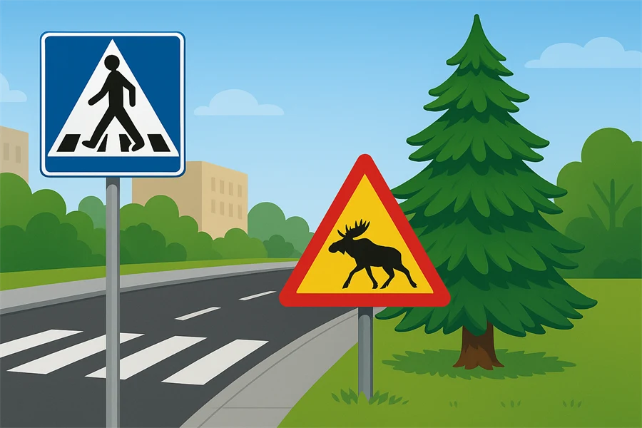 Väg med ett övergångsställe och två vägmärken: ett övergångsställesskylt och en varningsskylt för älg bredvid en gran.