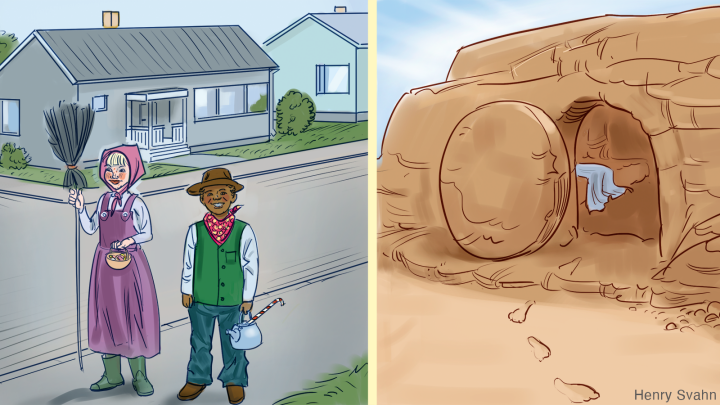 Två bilder, en med påskärring och påskgubbe. Den andra bilden visar en tom gravkammare.