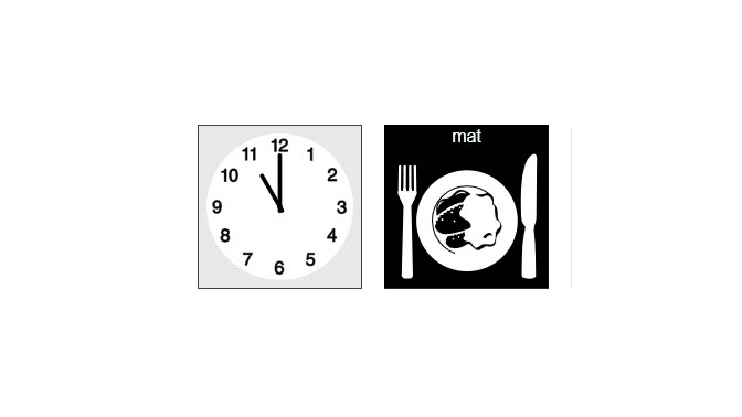 Illustration av en klocka samt en tallrik och bestick. Ovanför tallriken och besticken ser vi ordet 
