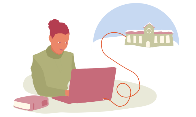Illustration av en person som sitter vid en bärbar dator. Från datorn går en röd sladd till en skolbyggnad i bakgrunden.
