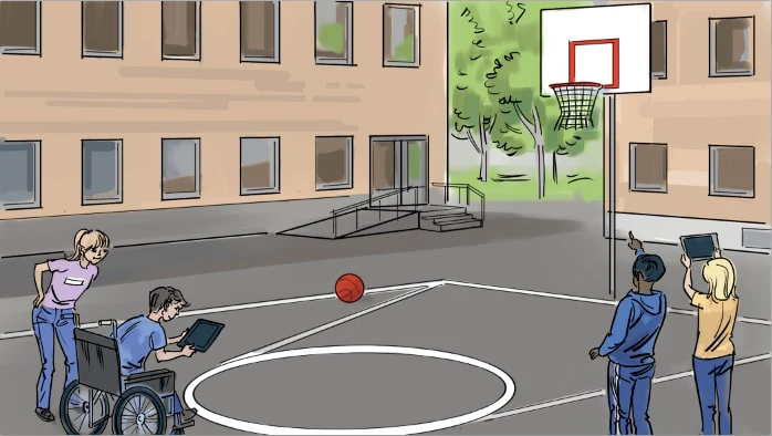Skolgårdsbild på en basketbollplan.