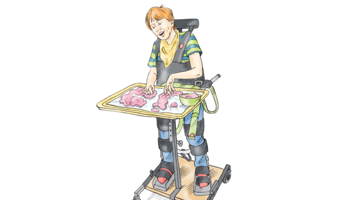 Illustration av en pojke som står upp med hjälp av ett hjälpmedel. Framför pojken finns en bricka med trolldeg. Pojken står och trycker på degen.