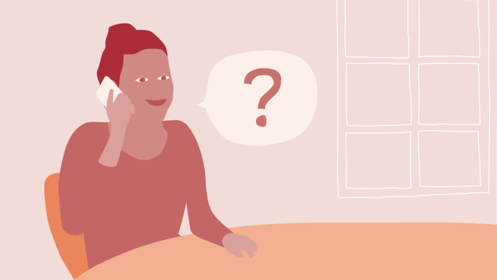 Illustration av en kvinna som sitter vid ett och håller i en mobiltelefon mot örat. Bredvid kvinnan finns en pratbubbla med ett frågetecken i.