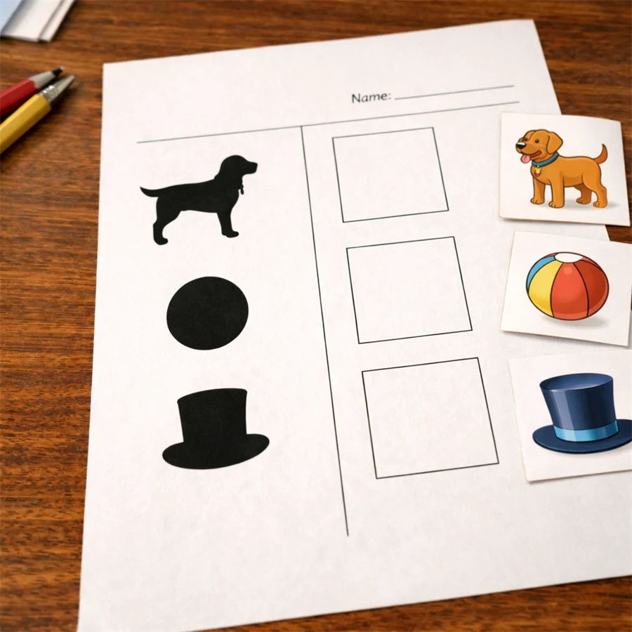 Bild på arbetsmaterial på siluetter samt bilder som passar siluetterna