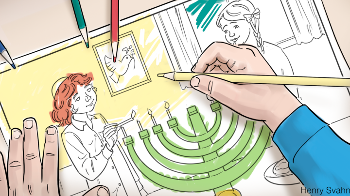 Hand som målar en bild av två barn som tänder ljus.