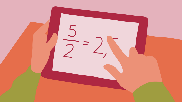 Illustration av två händer som håller i en surfplatta med mattetalet 5/2=2,5.
