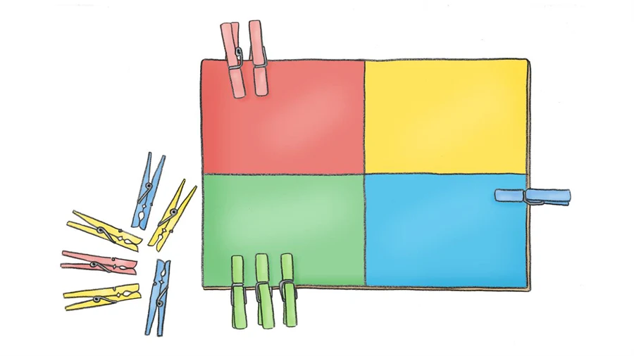 Illustration av ett ark bestående av ett rött, ett gult, ett grönt samt ett blått block. På blocket kan vi se fem klädnypor i olika färger. Bredvid färgarket ligger fler klädnypor.