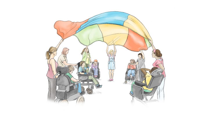 Illustration av en grupp människor som leker med en fallskärm.