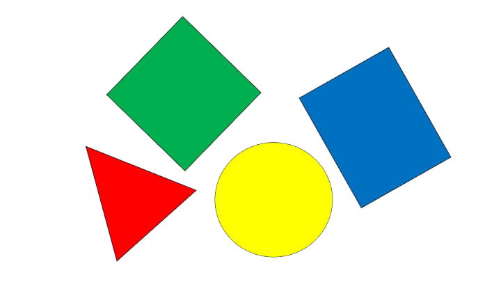 En röd triangel, en grön kvadrat, en gul cirkel och en blå rektangel.