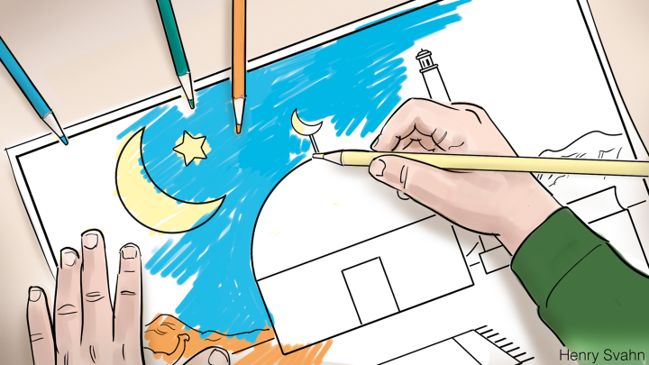 En hand som färglägger en bild av en moské.