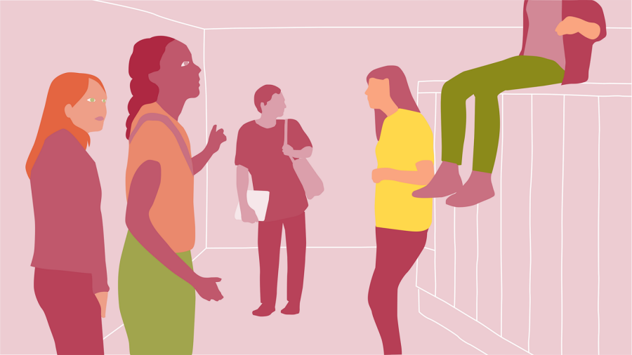 Illustration av fem elever i en korridor på en gymnasieskola