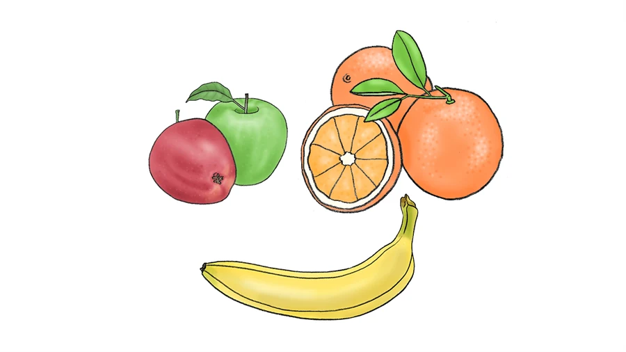 Illustration av äpplen, bananer och apelsiner.