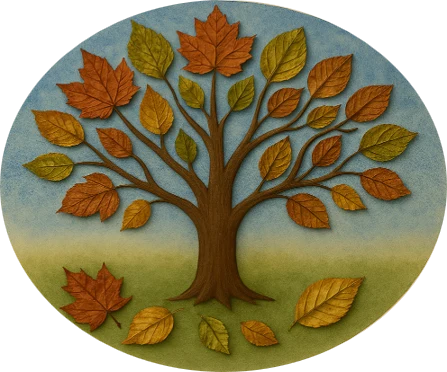 En rund bild av ett träd med höstlöv i olika färger och några löv på marken.