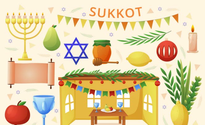 olika judiska ikoner samt inslag av mat.