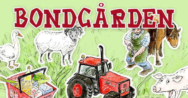 Titelbild från läromedlet. En tecknad bild av traktor, djur och en människa på en bondgård.
