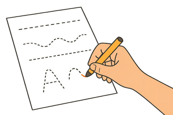Bild av ett papper med streckade linjer och en penna som fyller i strecken.