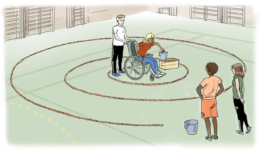 En elev i rullstol i mitten av en virvellabyrint.