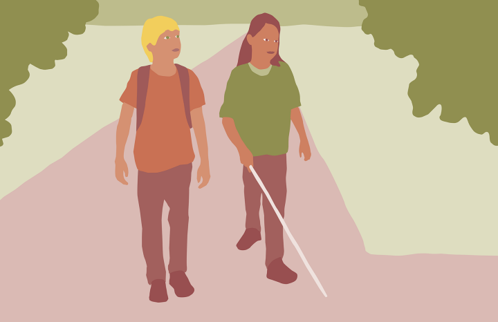 Illustration av två elever som promenerar.