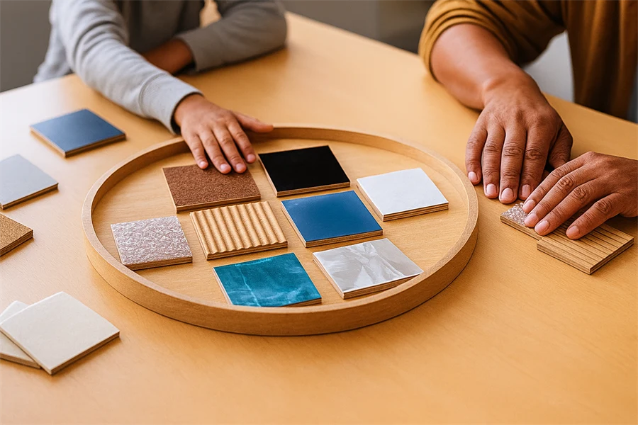 Bild på ett bord där det ligger flera små plattor med olika strukturer