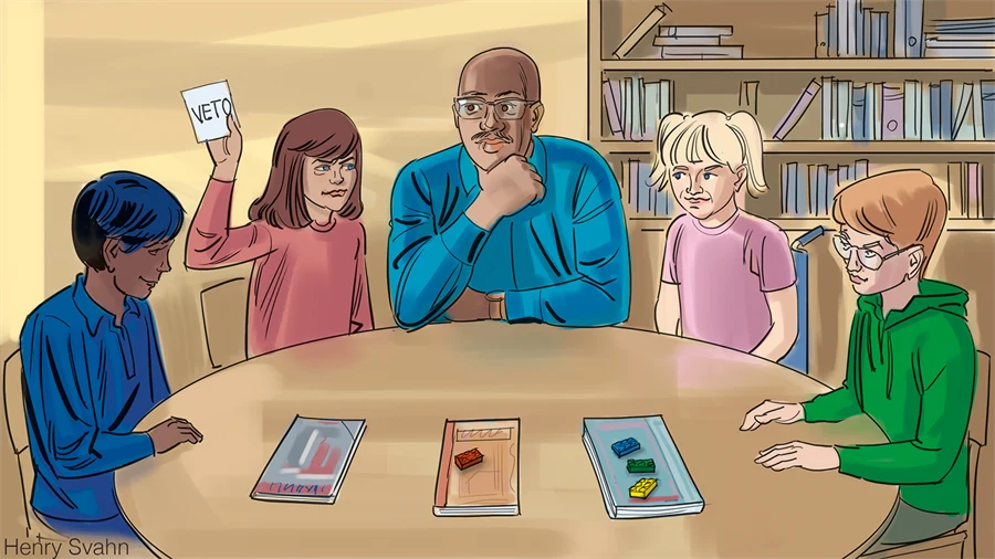 en äldre man och fyra ungdomar sitter runt ett bord. En ungdom håller upp en lapp med veto.