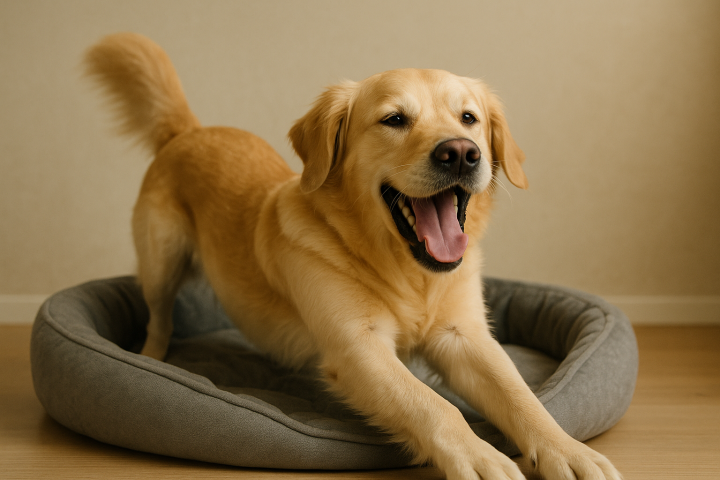 En golden retriever som vaknar och sträcker på sig.