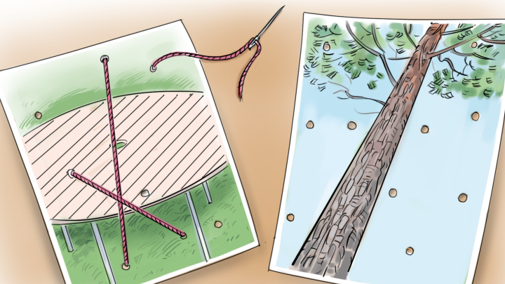 Bild på två fotografier med små hål i. Ena fotot har man trätt garn genom hålen.