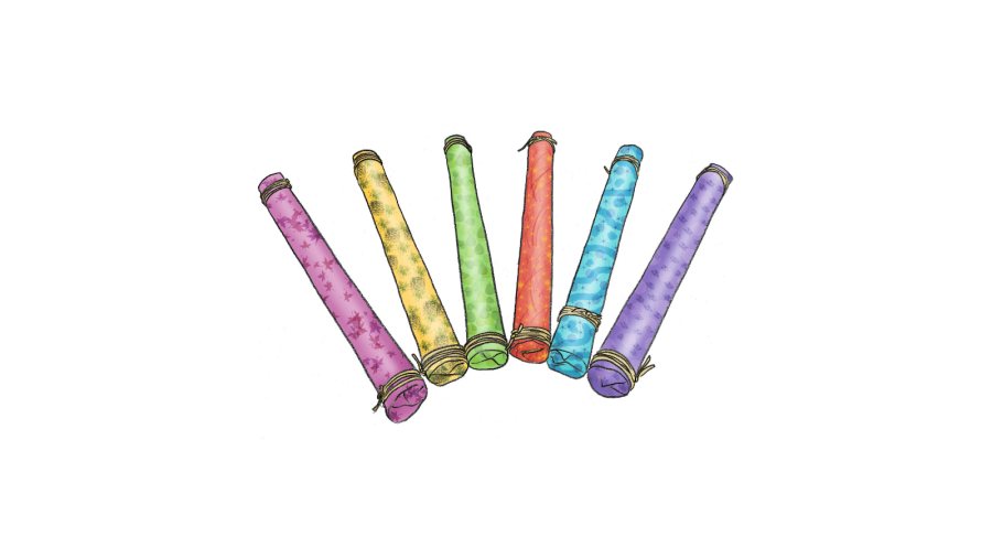 Illustration av sex olika rör i olika färgglada färger. Rören är mönstrade och har ett snöre både uppe och nere.