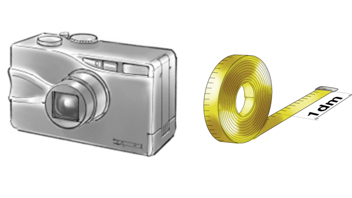 En digitalkamera och ett måttband.