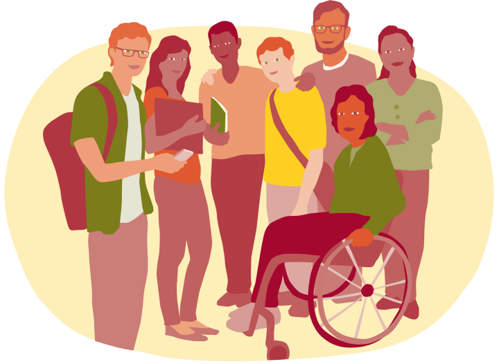 Illustration av sju personer som står tillsammans. En av dem sitter i rullstol.