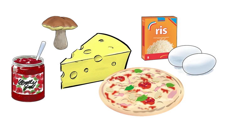 Illustration av en syltburk, karljohansvamp, ost, pizza, ris och ägg