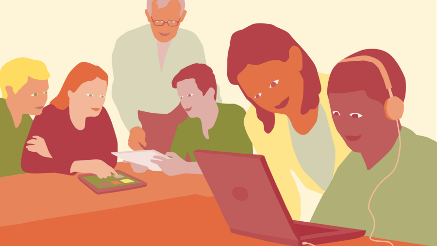 Illustrationen visar elever som jobbar vid datorer och surfplattor tillsammans med lärare.