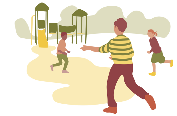 Illustration av en lekplats. Tre elever som springer och leker.