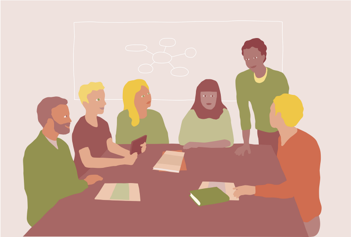 Illustration: Sex personer runt ett mötesbord. En av dem står upp och pratar till de andra som tittar på den som står lyssnande.