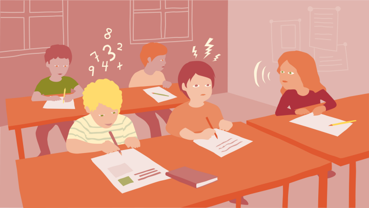 Illustration av del av klassrum med fem unga elever. Två elever jobbar koncentrerat medan de andra tittar bort, tittar rakt fram med blixtar ovanför huvudet, eller pratar med de andra.