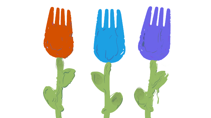 Tre stycken gafflade tulpaner. En målning.