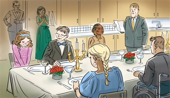 Flera personer kring ett festligt dukat bord.