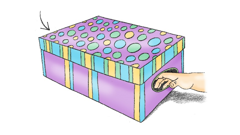 Illustration av en lila låda med gröna, blåa och gula prickar och ränder på. Vid sidan finns ett hål där vi kan se en hand som är på väg in i hålet i lådan.
