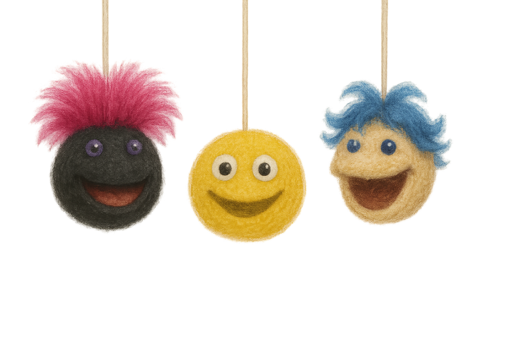 Illustration av tre tovade bollar som liknar ansikten