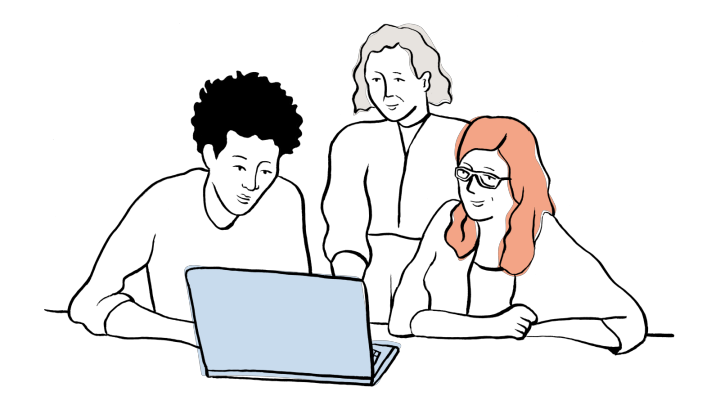 Tre personer tittar på en dator