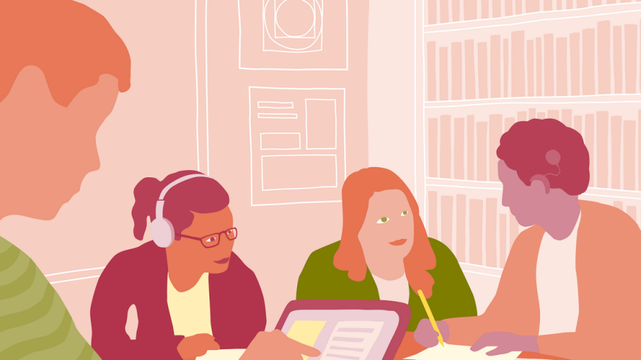 Illustrationen visar elever som arbetar tillsammans