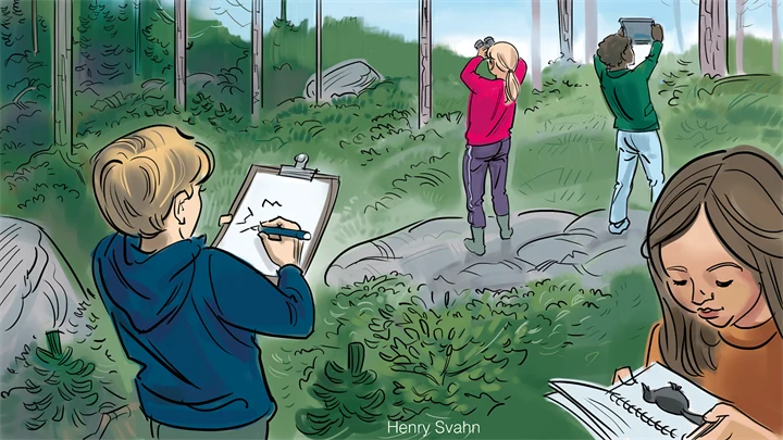 Illustrationen föreställer fyra barn ute i skogen som letar efter fåglar. Två av barnen kikar i varsin kikare, det tredje barnet läser i en faktabok om fåglar och fjärde barnet antecknar i ett anteckningsblock. 